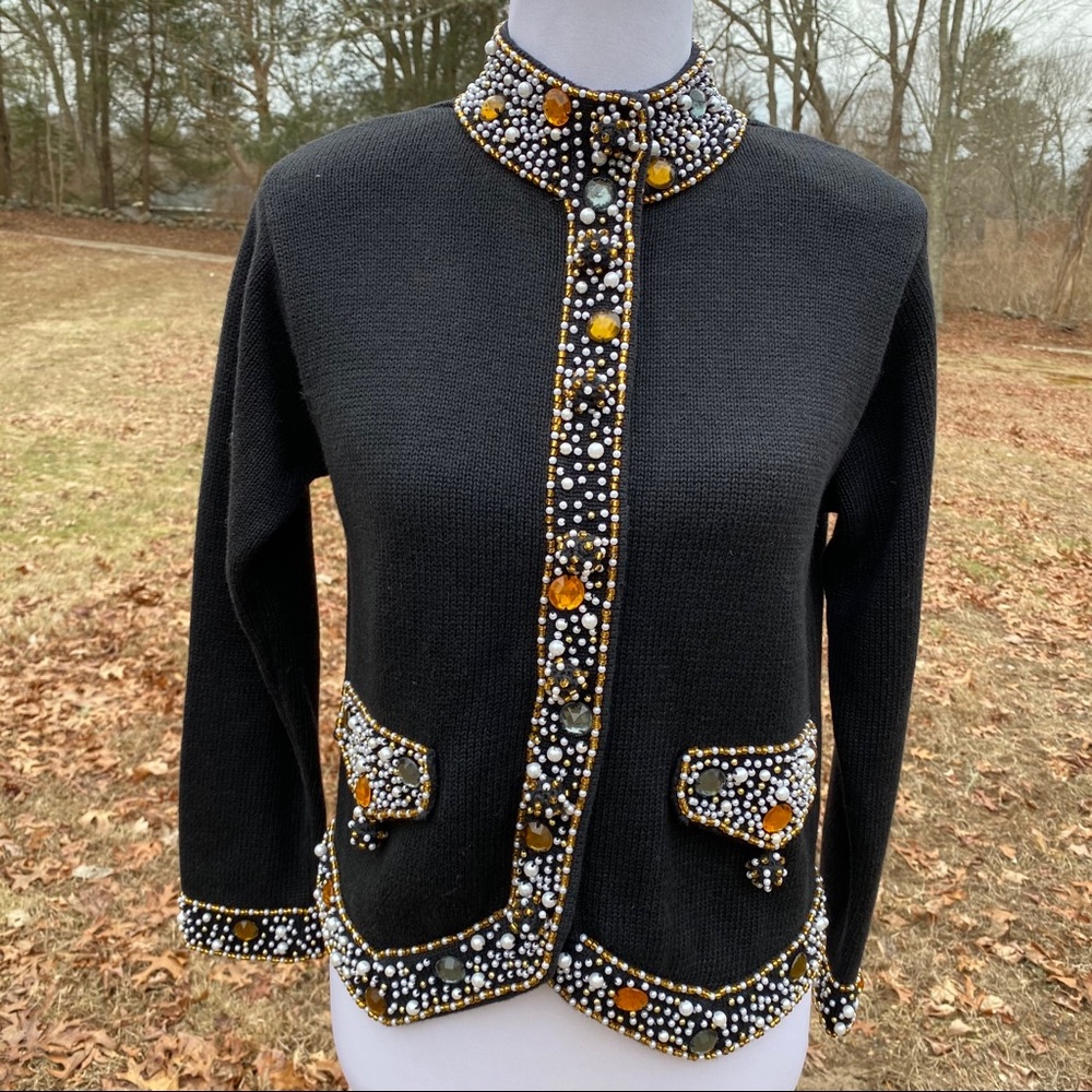 LISA NICHOLS SWEATER CARDIGAN BLACK WHITE GOLD BEADING 80s SIZE S